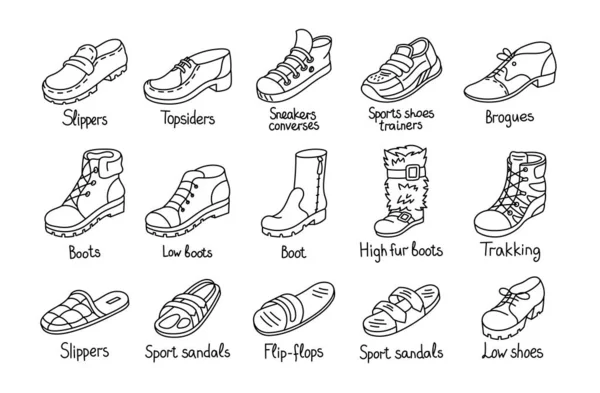 Schoenen Iconen Ingesteld Verschillende Soorten Schoenen Winkel Assortiment Aanpasbare Slaggrootte — Stockfoto