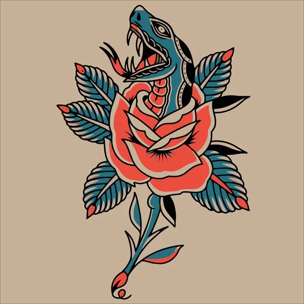 Απεικόνιση Του Φιδιού Και Κόκκινο Τριαντάφυλλο Διάνυσμα Λουλούδι — Διανυσματικό Αρχείο