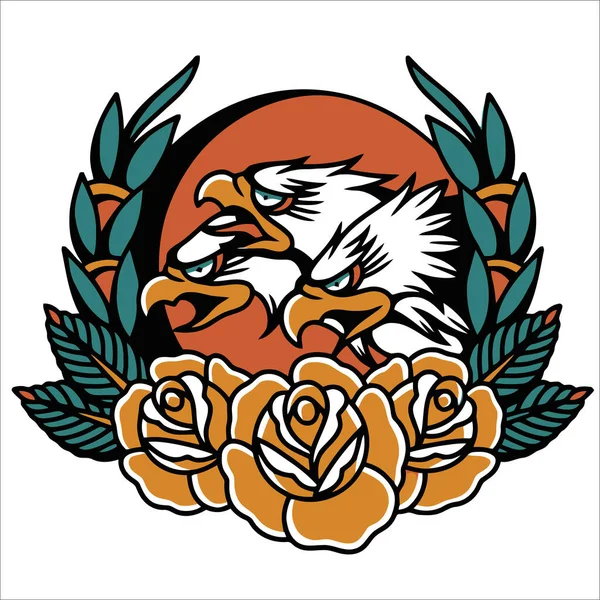 Τρεις Αετός Κόκκινο Τριαντάφυλλο Σχέδιο Τατουάζ — Διανυσματικό Αρχείο