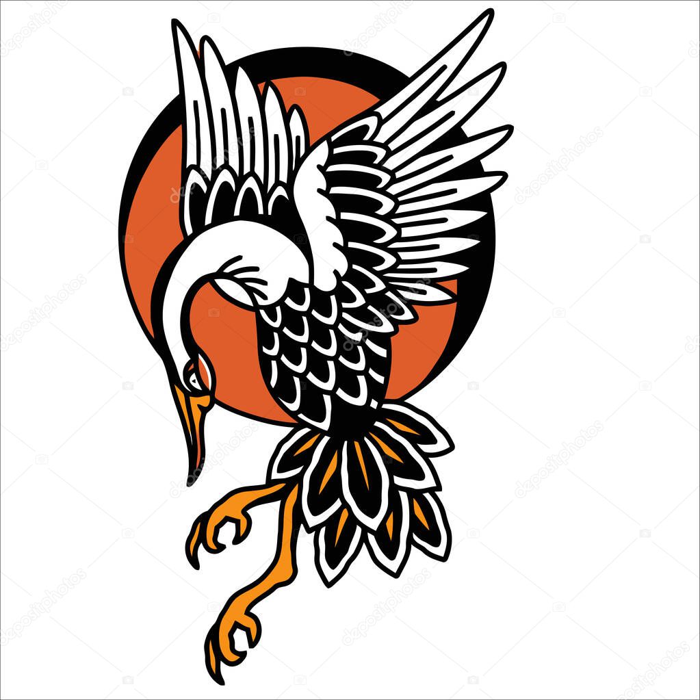 the stork flies with a red circle tattoo vector design