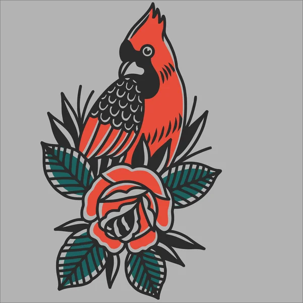 Pták Květinami Pták Květinami Červené Vektorové Tetování — Stockový vektor