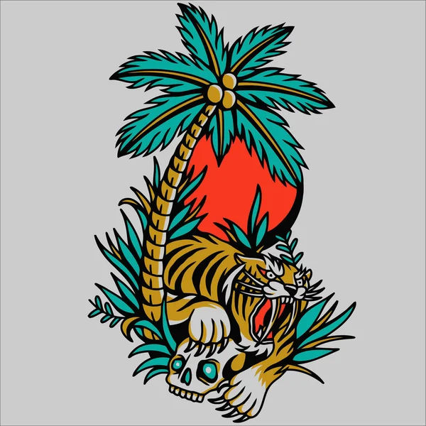 Απεικόνιση Ενός Φορέα Δέντρο Και Τίγρης Για Τατουάζ — Διανυσματικό Αρχείο