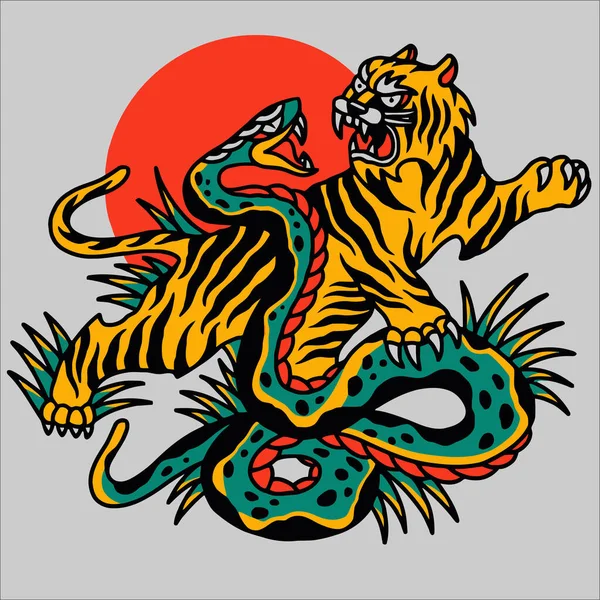 Τίγρης Κεφάλι Εικονογράφηση Και Φίδι Μαχητικό Τατουάζ — Διανυσματικό Αρχείο