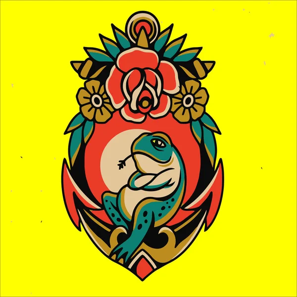 Τατουάζ Βάτραχος Και Λουλούδια — Διανυσματικό Αρχείο