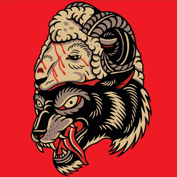 Голова Волка Голова Козы Татуировки Дизайн — стоковый вектор