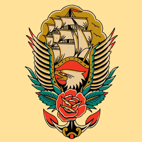 Έργο Τέχνης Αετός Τατουάζ Τριαντάφυλλο Και Πλοίο — Διανυσματικό Αρχείο