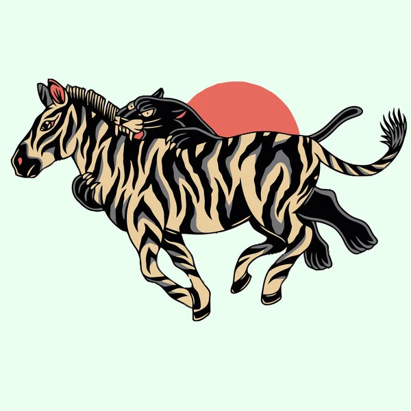 Τέχνη Μαύρο Πάνθηρας Δάγκωμα Zebra Διανυσματική Απεικόνιση — Διανυσματικό Αρχείο