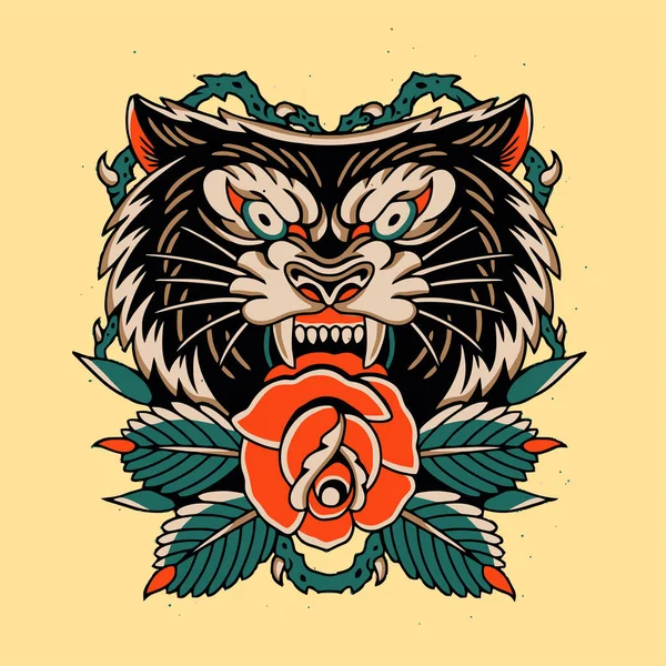 Artwork Wolf Head Biting Red Rose — Wektor stockowy