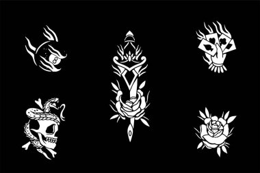 Ornament set vector of skull, snake, sword, flower and handcard poker design, logo set vector