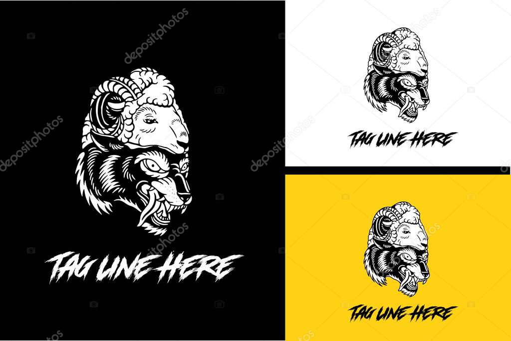 head wolf and head goat logo design black and white