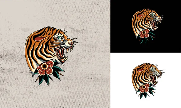 Głowa Tygrys Kwiat Róży Wektor Ilustracji Projektu — Wektor stockowy
