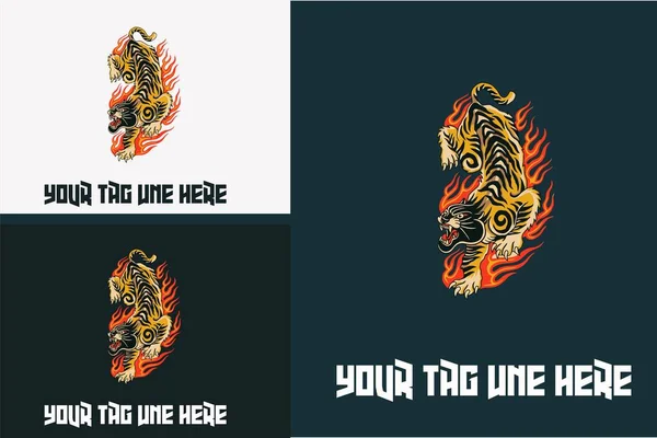 Desain Seni Harimau Dengan Gambar Vektor Api - Stok Vektor