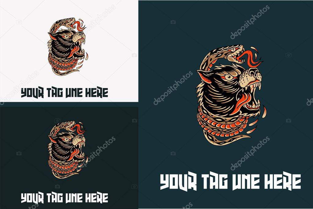 artwork design of head wolf and snake vector illustration