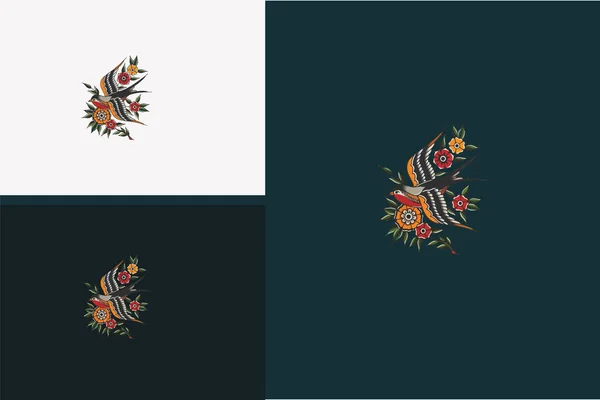 Illustration Vectorielle Oiseau Fleurs Rouges Dessin Plat — Image vectorielle
