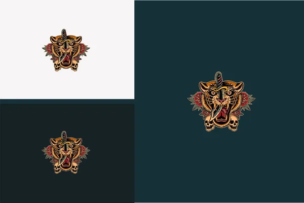 Logo Tête Tigre Épée Vecteur Plat Design — Image vectorielle