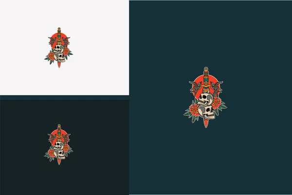 Hlava Lebka Červené Květy Růže Vektor Ilustrace Plochý Design — Stockový vektor