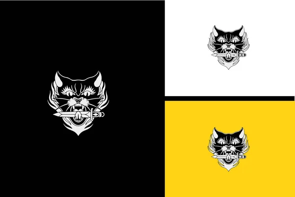 Κεφαλή Γάτα Και Μαχαίρι Διάνυσμα Μαύρο Και Άσπρο — Διανυσματικό Αρχείο