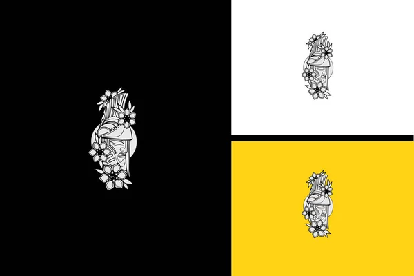 Head Sodier Flower Logo Design Black White — стоковый вектор