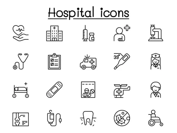 Iconos Hospital Establecidos Estilo Línea Delgada — Vector de stock