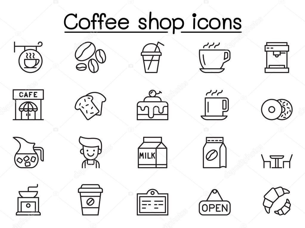 Coffee shop icons set in thin line style