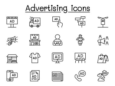 İnce çizgi stilinde reklam Icon set