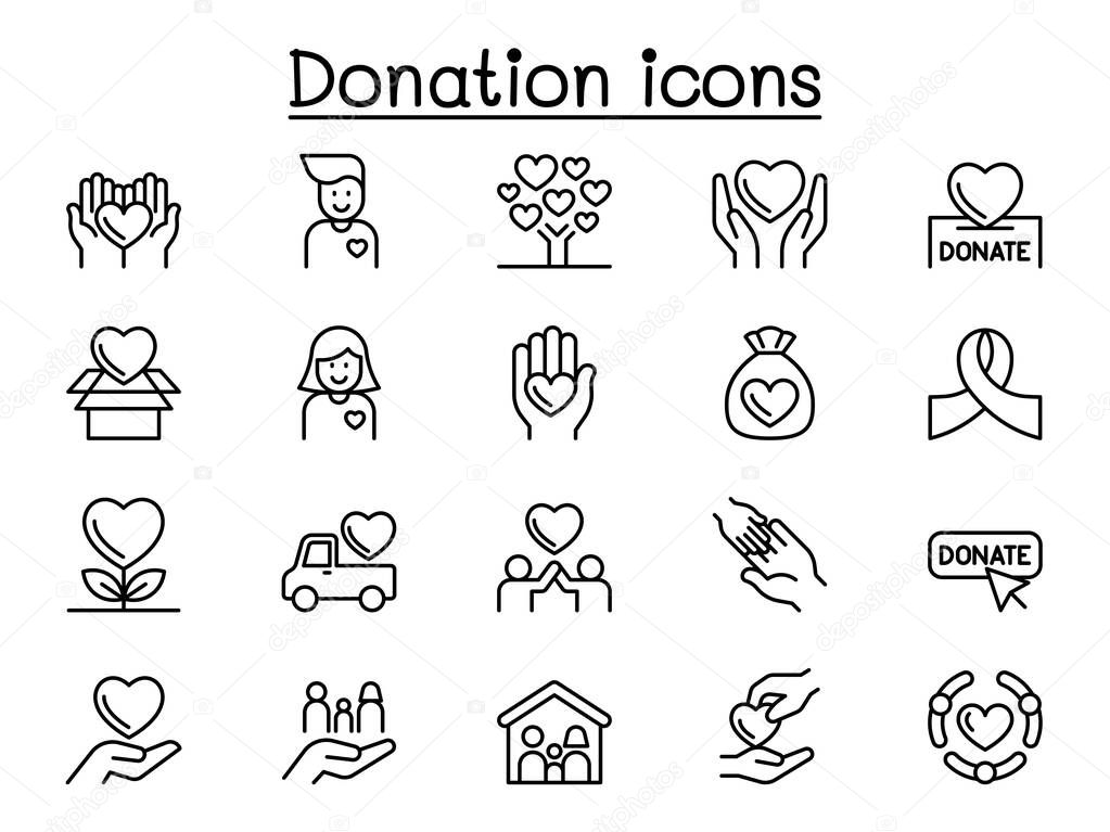 Charity & Donation icons set in thin line style