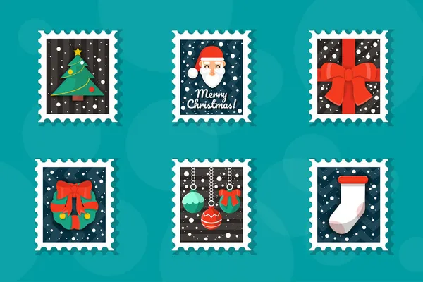 Weihnachten Briefmarken Flache Stil Kollektion Vector Design Eps10 Weihnachtsbaumstempel Frohe — Stockvektor