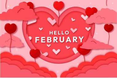 Festive Hello February Vector Design with Clouds and Love Balloons great as a poster, greeting card, banner, template, background, wallpaper, flyer, and many other similar purposes relating or not relating to month February