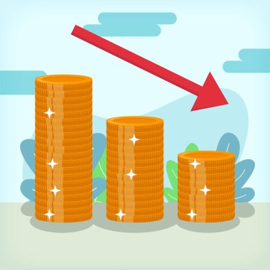 Bearish Arrow Down İllüstrasyon Tasarımı EPS10 ile istiflenmiş Altın Paralar web sitesi, animasyon, proje, okul projesi, iş projesi, yatırım stratejisi veya borsa veya para kripto yatırımıyla ilgili olarak kullanılacak harika bir tasarım.