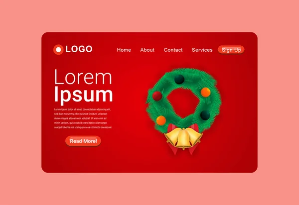 Realistische Weihnachtskranz Dekoration Mit Glocken Illustration Landing Page Design Template — Stockvektor