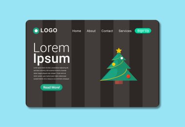 Zarif Noel Ağacı İniş Sayfası Şablonu: EPS10 Siyah çizgili arka plan, dekoratif çanları, yıldızı ve ışıkları olan dekoratif noel ağacı