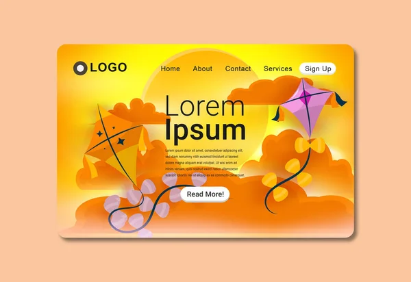 Foggy Sky Landscape with Kites Landing Page Illustration EPS10 Bir web sitesinde ya da bir afişte, el ilanında, posterde ve daha birçoğunda kullanılmak üzere harika