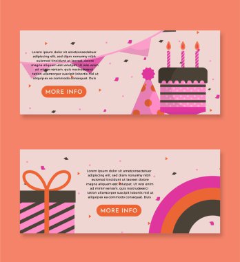 Doğum günü nesneleri ve Confetti Banner Set Şablonu EPS10 doğum günü nesneleri, doğum günü pastası ve doğum günü konisi ayrıca doğum günü hediyesi.