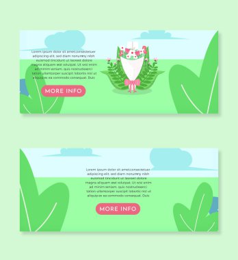 Bir Harf İllüstrasyon Sancağıyla Çiçek Buketi EPS10 Şablonu Yaprakları, mavi gökyüzü ve bulutları, tanım kutusu ve yeşil arkaplan üzerine izole edilmiş daha fazla bilgi düğmesi pankartı