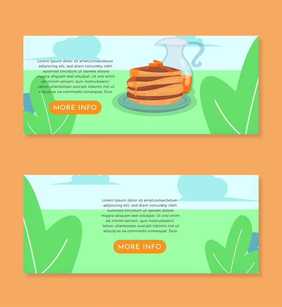 Akçaağaç şurubu, yapraklar, bitkiler, bulutlar, tanım kutusu ve turuncu pastel arka planda izole edilmiş daha fazla bilgi düğmesi afişi olan lezzetli bir gözleme tabağı.