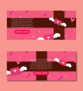 EPS10 vektör sevimli pembe hediye kutusu aşk mektupları ve kanatları ile ve seviyor kalpler afiş tasarım şablonu ile tanımlama kutusu ve parlak pembe daha fazla bilgi düğmesi Pembe arka planda izole web siteniz için mükemmel