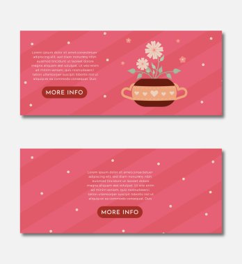 EPS10 vektör güzel kahverengi demlik çiçek varyasyonu koyu pembe eğimli çizgili arka plan pankartı üzerinde izole ve tanımlama kutusu ile kahverengi daha fazla bilgi düğmesi gri-beyaz arka plan izole