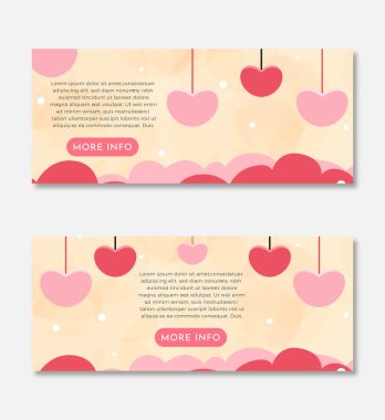 EPS10 vektörü düz sevgi kalpleri ve bulutlar illüstrasyon afişi tasarım şablonu tanımlama kutusu ve açık pembe daha fazla bilgi düğmesi ile Gri-beyaz arka plan üzerinde izole web siteniz için harika