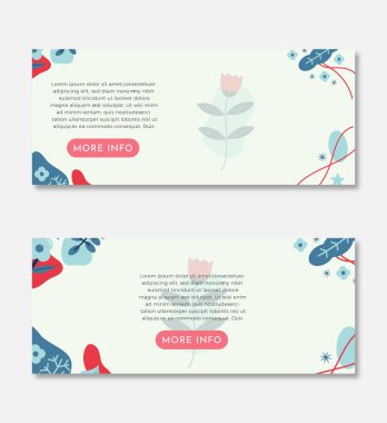 EPS10 temiz minimalist tropikal arkaplan botanik çiçek dekorasyon afişi tasarım şablonu tanımlama kutusu ve açık kırmızı daha fazla bilgi düğmesi beyaz-beyaz arka planda izole edilmiş web siteniz için mükemmel