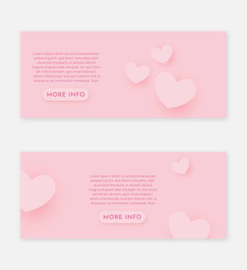 EPS10 3D gerçekçi pembe arka plan 3D gerçekçi pembe kalpler ve tarif kutusu ve açık pembe daha fazla bilgi düğmesi açık gri arkaplanda izole edilmiş web siteniz için mükemmel