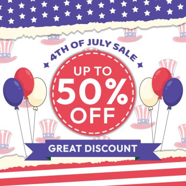 EPS10 minimalist 4 Temmuz mutlu bağımsızlık günü% 50 indirimli büyük indirimli tatil vektör tasarımı Sam Amca şapkası desenli, renkli balonlar, ve kağıt stili ispanyol bayrak arka planı