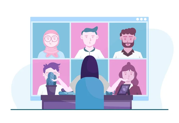Eps10 Woman Video Conferencing Clients Business Concept Flat Illustration Work — стоковый вектор