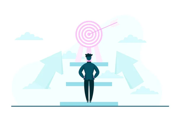 EPS10 hedefleri olan risk alan bir iş adamı. Hedefleri olan bir iş adamı. Üzerinde ok olan bir hedef ve arkasında bulutlar olan merdivenler.