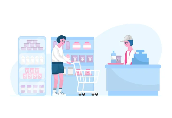 Eps10 Conceptual Illustration Grocery Store People Trading Buying Selling Products — Stock Vector