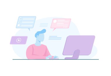 EPS10 conceptual flat illustration design of an employee working, completing tasks, a man open online apps, computer notifications, to do list, video playing, freelancing, work from home