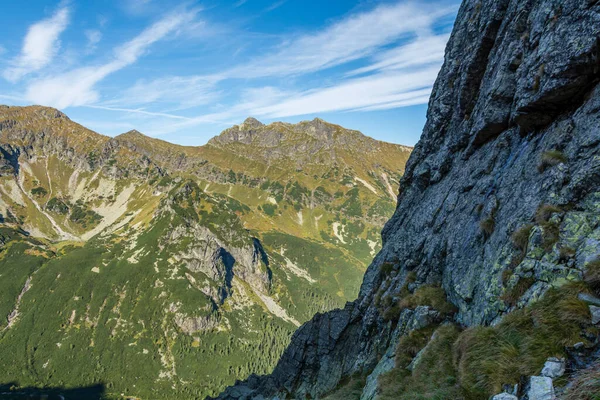 A view of the ridge in the Tatra Mountains on a clear day, just after sunrise.