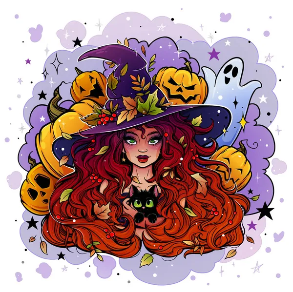 Bright Colorful Drawing Witch Girl Witch Hat Cat Her Hands — Stock Vector