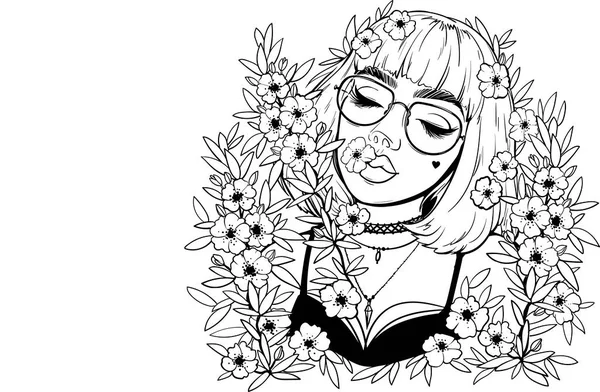 Mooie Mode Vrouwen Met Bloemen Haar Haar Schetsmatig Vectorillustratie — Stockvector