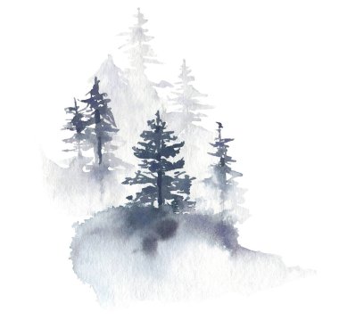 Soyut gri sisli orman. Suluboya el resmi beyaz arka plana çizilmiş. Su rengi çizimi.