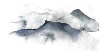 Soyut gri sisli dağlar. Suluboya el resmi beyaz arka plana çizilmiş. Su rengi çizimi.